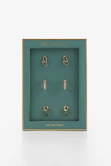 Reis x DeFacto 14 Ayar Altın Kaplama Luminous Butterfly Kadın 3'lü Gold ve Yeşil Küpe