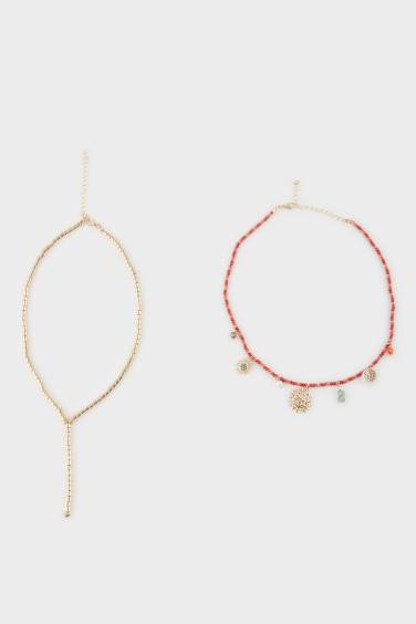قلادة نسائي بخرز ملون احمر - قطعتين