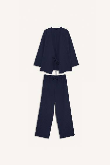 Relax Fit 2'li Takım Gofre Dokulu Uzun Kollu Kimono Pantolon