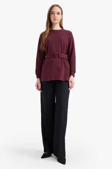 Regular Fit Bisiklet Yaka İçi Yumuşak Tüylü Selanik Kumaş Uzun Kollu Tunik
