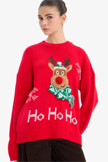 Yılbaşı Temalı Regular Fit Bisiklet Yaka Triko Kazak