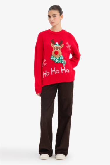 Yılbaşı Temalı Regular Fit Bisiklet Yaka Triko Kazak