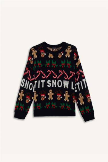 سترة تريكو بياقة دائرية وطبعة كريسماس