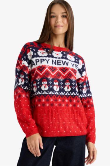 Regular Fit Crew Neck Color Block Christmas Pullover