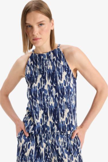 Regular Fit Crew Neck Crepe Blouse