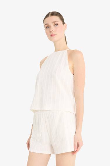 Regular Fit Crew Neck Crepe Blouse