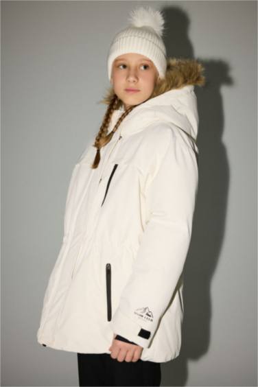 Girl Detachable Faux Fur Collar Hooded Fleece Lined Puffer Ski Jacket
