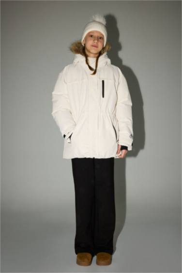 Girl Detachable Faux Fur Collar Hooded Fleece Lined Puffer Ski Jacket