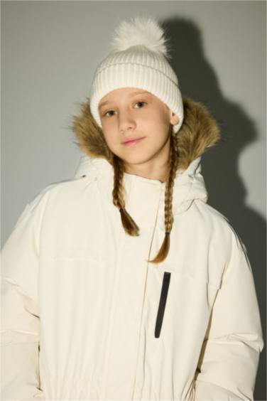 Girl Detachable Faux Fur Collar Hooded Fleece Lined Puffer Ski Jacket