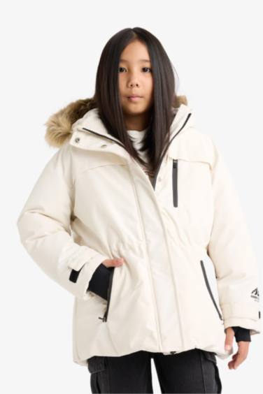 Girl Detachable Faux Fur Collar Hooded Fleece Lined Puffer Ski Jacket