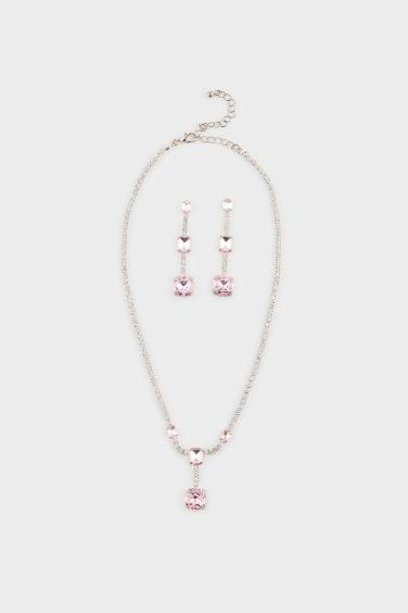 DCEY x DeFacto Kadın Pembe Taşlı Kolye Küpe Seti