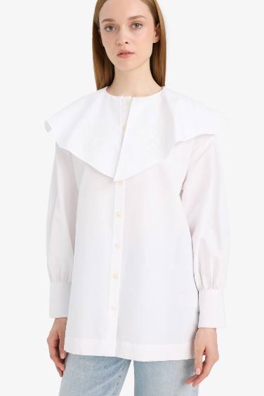 Relax Fit Geniş Yakalı Poplin Uzun Kollu Gömlek Tunik