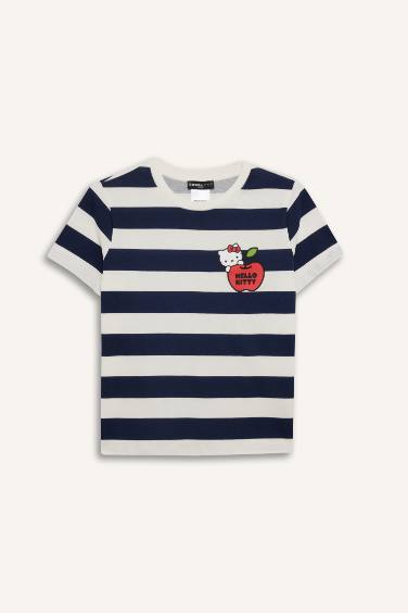 Coool Hello Kitty Çizgili Bisiklet Yaka Kısa Kollu Tişört