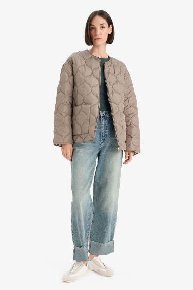 Su Geçirmez Regular Fit Bisiklet Yaka Fermuarlı Kapitoneli Mont