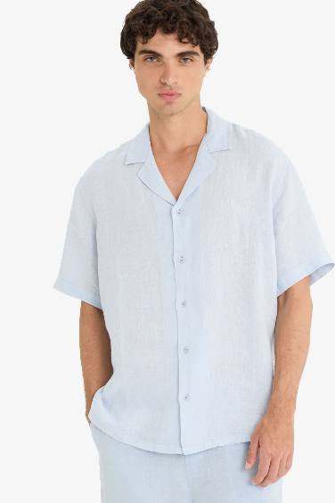 قميص كتان نص ردن قصة مريحة وياخة مستديرة