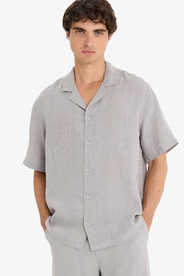 Linen Relax Fit Open Neck Short Sleeve Shirt