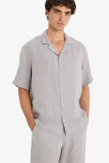 Linen Relax Fit Open Neck Short Sleeve Shirt