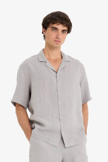 Linen Relax Fit Open Neck Short Sleeve Shirt