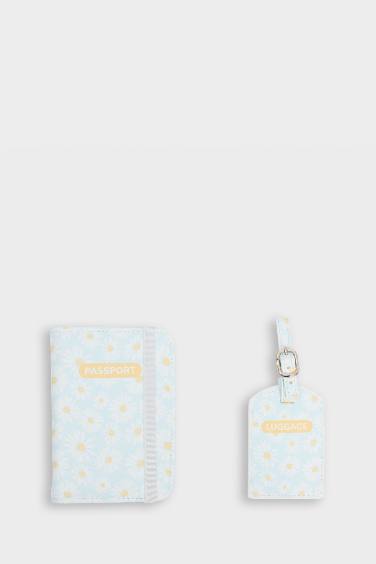 Kadın Çiçekli Suni Deri Pasaportluk ve Valiz İsimliği Set