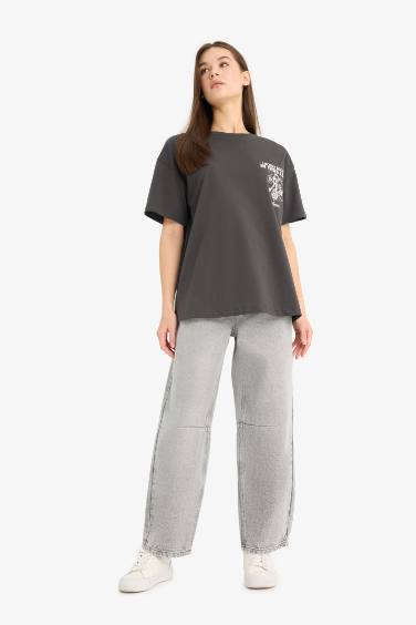 تيشيرت نص ردن اوفرسايز مطبوع قصة عادية بياخة مستديرة