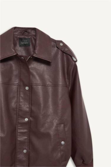 Dad Fit Polo Yaka Fermuarlı Suni Deri Mont