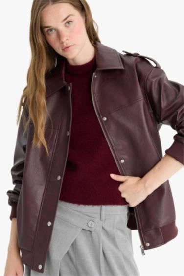 Dad Fit Polo Yaka Fermuarlı Suni Deri Mont