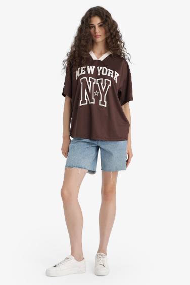Oversize Fit V Neck Printed Jersey Fabric T-Shirt