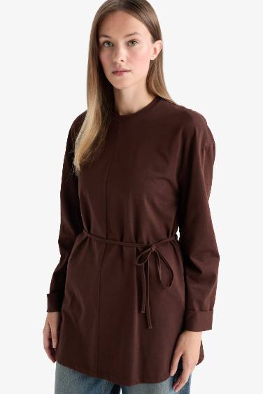 بلوزة طويلة ردن طويل قصة فضفاضة بياخة مستديرة