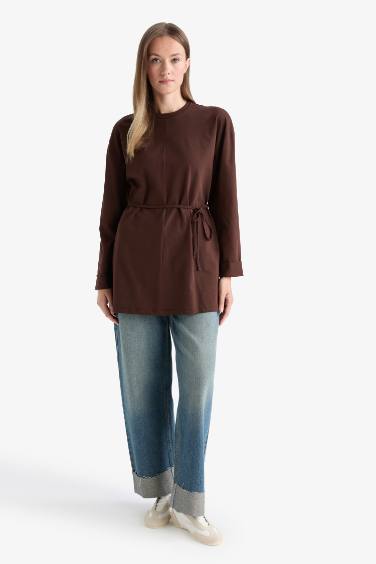 بلوزة طويلة ردن طويل قصة فضفاضة بياخة مستديرة