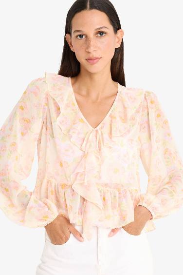 Regular Fit Floral Şifon Uzun Kollu Bluz