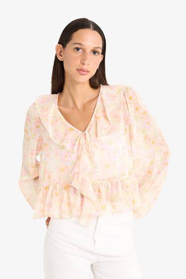 Regular Fıt Floral Şifon Uzun Kollu Bluz