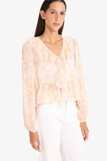 Regular Fıt Floral Şifon Uzun Kollu Bluz