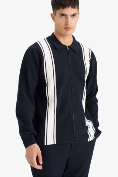 Standard Fit Polo Neck Zippered Striped Cardigan