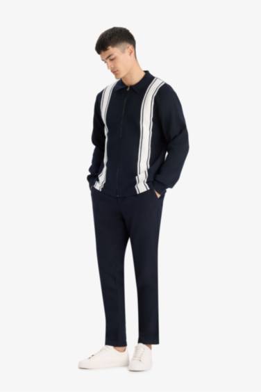 Standard Fit Polo Neck Zippered Striped Cardigan
