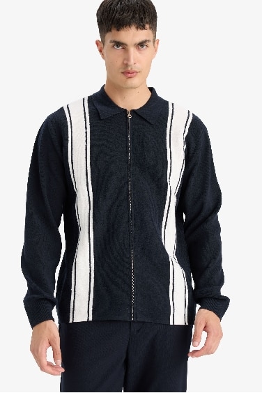 Standard Fit Polo Neck Zippered Striped Cardigan