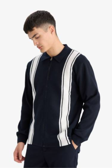 Standard Fit Polo Neck Zippered Striped Cardigan