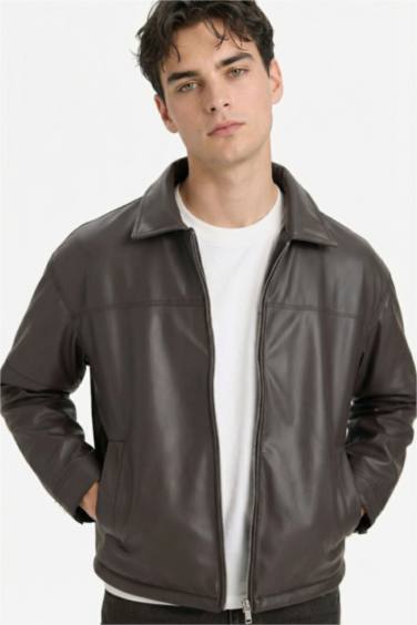 جاكيت جلد صناعي قصة مريحة وياخة قميص