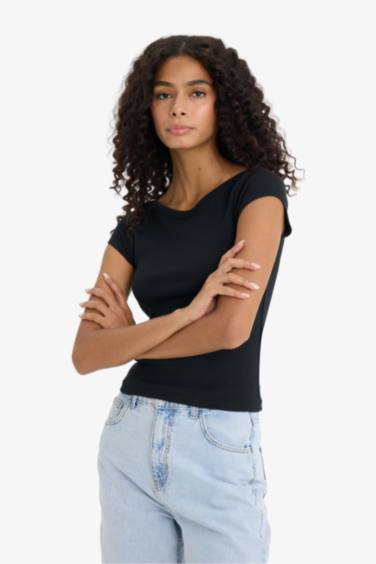 Slim Fit Boat Neck Ribbed Camisole Black T-Shirt