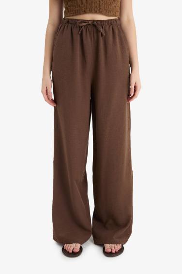 Wide Leg Cepli Yüksek Bel Standart Boy Keten Karışımlı Pantolon