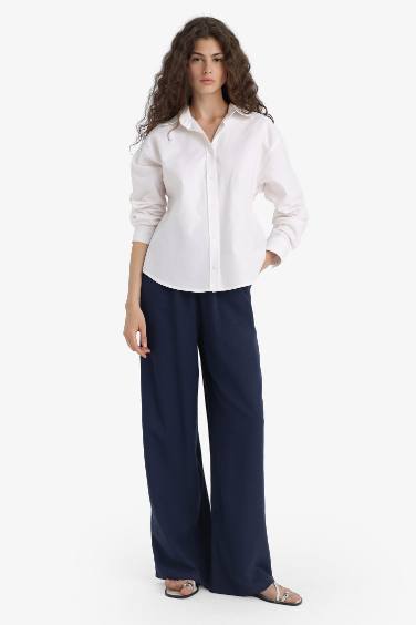 Wide Leg Pocketed High Waist Linen Blend Trousers
