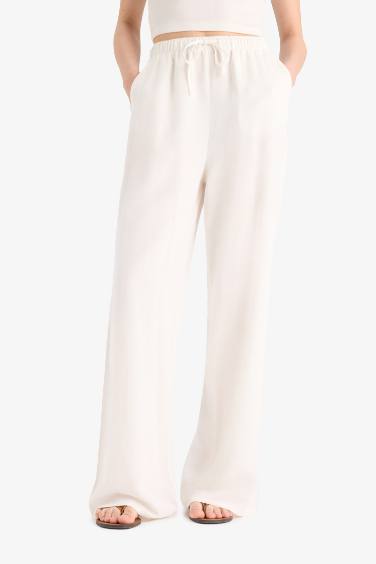 Wide Leg Cepli Yüksek Bel Standart Boy Keten Karışımlı Pantolon