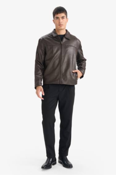 Regular Fit Polo Yaka İç Cepli Suni Deri Mont