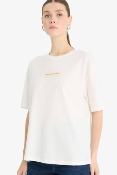 Relax Fit Crew Neck Applique Printed Cotton T-Shirt