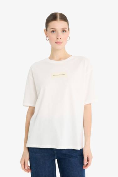 Relax Fit Crew Neck Applique Printed Cotton T-Shirt