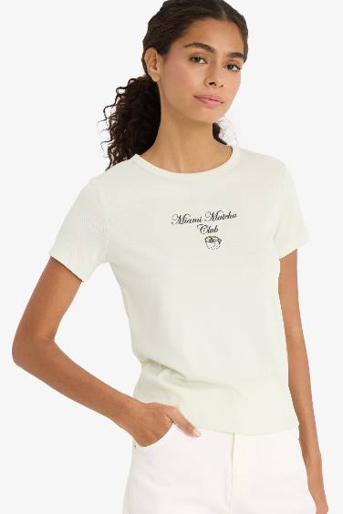 Regular Fit Crew Neck Slogan Printed Ribbon T-Shirt