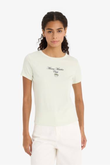 Regular Fit Crew Neck Slogan Printed Ribbon T-Shirt