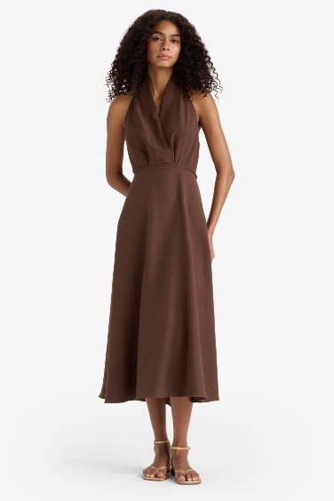 Flare Fit Keten Karışımlı Boyundan Bağlamalı Midi Elbise