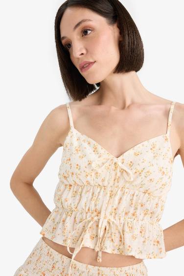 Regular Fit Floral Tied Textured Strappy Blouse