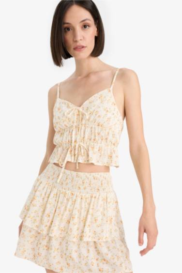 Regular Fit Floral Tied Textured Strappy Blouse