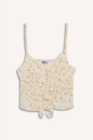 Regular Fit Floral Tied Textured Strappy Blouse